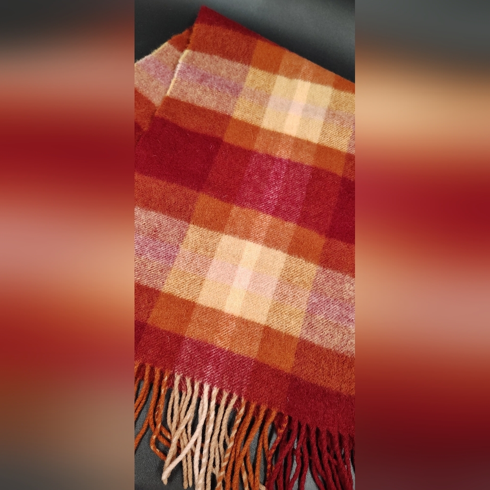 Checked Fringe Scarf in Red and Orange Men's Womens Unisex - Picture 5 of 10